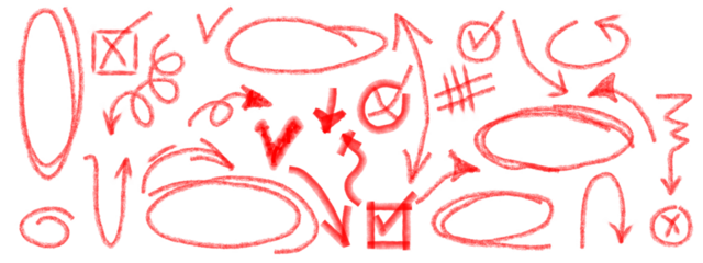 vector illustration of an abstract background with red hearts, transparent background chalked arrows, check marks. Red pencil hand drawn various oval