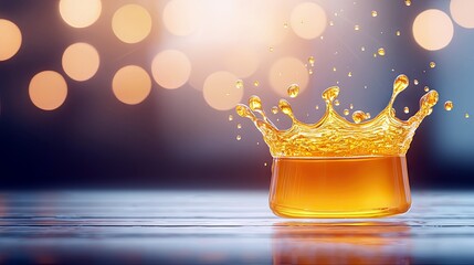 A dynamic splash of golden liquid forms a crown shape, set against a soft bokeh background of warm lights.