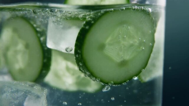 Healthy diet hydration with a refreshing glass of sparkling cucumber water and ice cubes in a cinematic macro shot