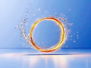 A dynamic golden ring of light swirls with golden particles and sparks against a gradient blue background, reflecting on a polished surface.