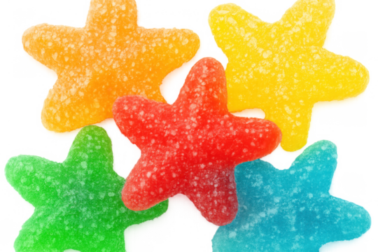 Colorful gummy stars offering sweet indulgence, assorted flavors and sugar coating, transparent background