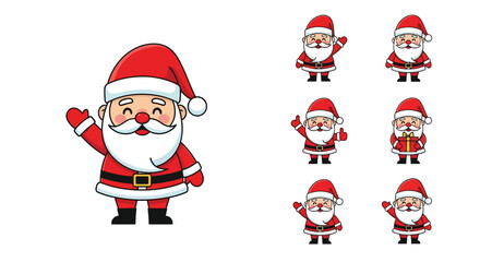 Cute Santa Claus characters waving and holding gift for Christmas cheer