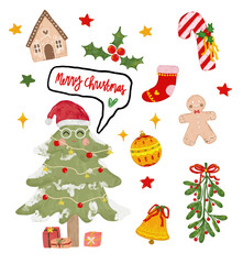 Cute set watercolor crayon merry Christmas xmas tree santa claus gingerbread doodle holiday season elements kids hand drawn illustration clipart