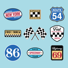Racing patch and badges elements sticker pack vector print