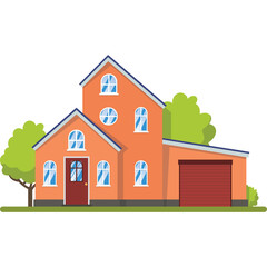 Orange Two Story House With Red Garage Door And Green Trees In Daylight