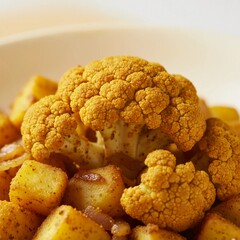 Closeup of golden cauliflower and potatoes seasoned as Aloo Gobi showing texture spices and flavor detail in a macro food shot