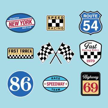 Racing patch and badges elements sticker pack vector print