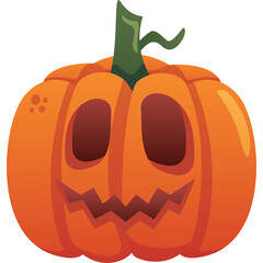 Orange Halloween Pumpkin With Carved Spooky Face And Green Stem On Transparent Background