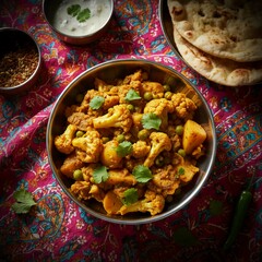 Colorful traditional Aloo Gobi served with peas naan and raita creating a delicious Indian meal full of vibrant spices