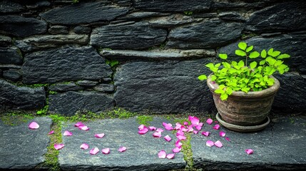 A potted green plant sits on a stone ledge with scattered pink rose petals in front of a dark stone wall.