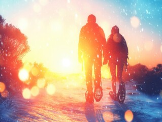 A couple enjoys a winter adventure, hand in hand, trekking through snow-covered mountains and evergreen trees.