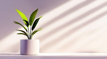 A green potted plant sits on a surface, with diagonal light and shadow patterns cast on a plain wall behind it.