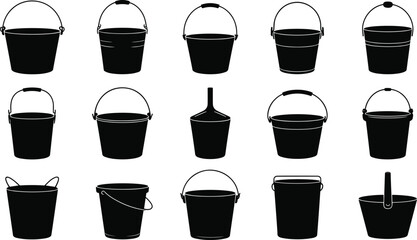 Bucket silhouette collection, industrial container icons, household pail shapes, black vector set, handle variations, utility design, minimal style