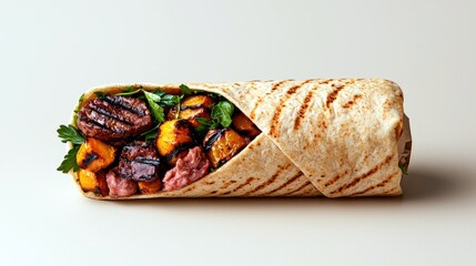 A delicious wrap filled with grilled steak, roasted pumpkin, and fresh greens, presented on a plain background.