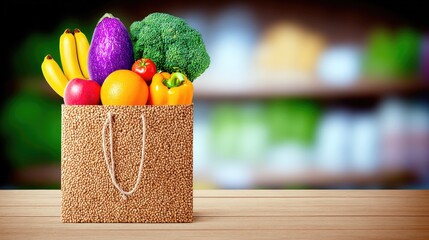 A reusable grocery bag filled with a variety of colorful fruits and vegetables sits on a wooden surface.