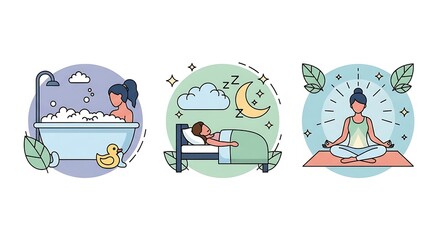 Naklejka premium Self Care Routine Icons - Bathing, Sleeping, and Meditation.