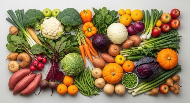 Assortment of fresh organic autumn and winter vegetable harvest laid out neatly on a light gray surface for healthy eating concept