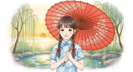 Young girl in traditional Chinese dress holding a red umbrella in a serene garden setting.