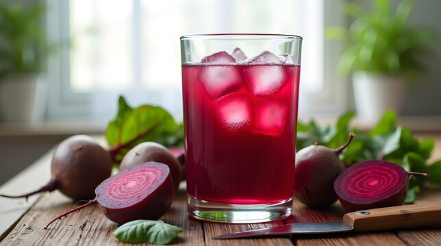 Vibrant Glass of Beetroot Juice with Ice and Fresh Whole and Cut Beets on a Rustic Wooden Table