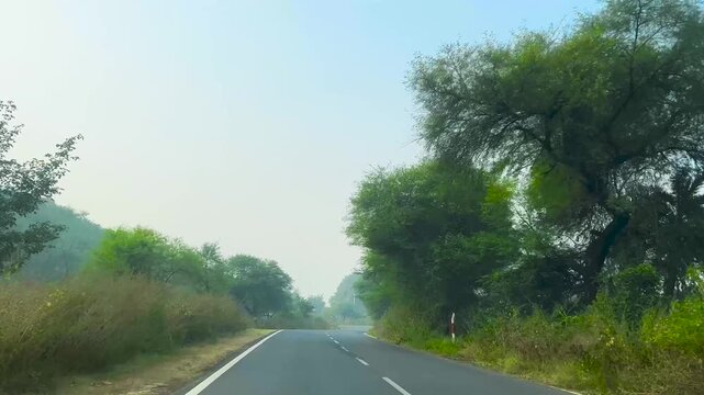 Empty road with green trees in the rural area of India, rural road in Jharkhand, India, empty countryside road 