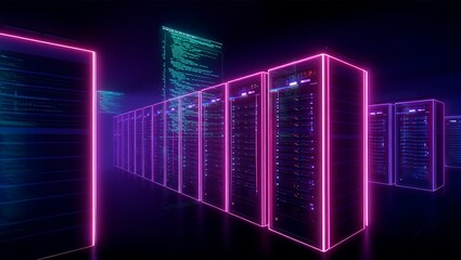 Futuristic Data Center with Neon Lighting and Flowing Code Visuals