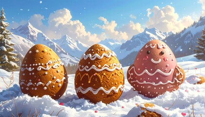 Three decorated eggs sit in snow against a backdrop of snowy mountains and a bright blue sky with fluffy clouds