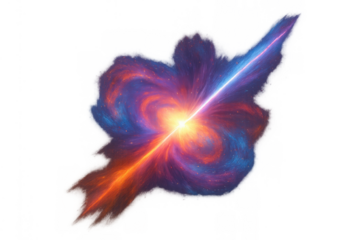 Quasar emitting powerful energy jets illuminating a colorful cosmic nebula with vibrant light on transparent background