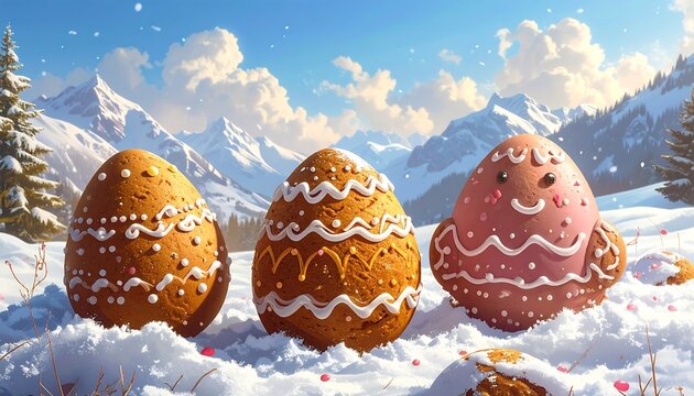 Three decorated eggs sit in snow against a backdrop of snowy mountains and a bright blue sky with fluffy clouds - Powered by Adobe