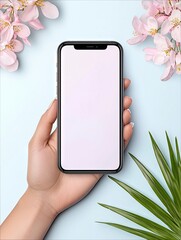 A person's hand holds a modern smartphone with a blank screen, surrounded by delicate pink blossoms and vibrant green foliage against a soft blue backdrop.