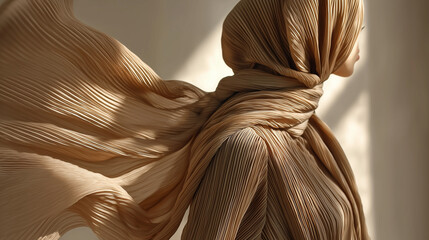 Modern modest fashion portrait with elegant earth-tone hijab and soft natural light. Elegant hijab look with pleated fabric in earth tones. Clean background, soft window light, modern fashion.