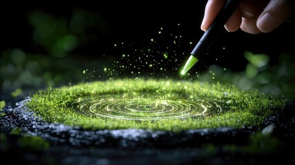 A hand uses a stylus to draw glowing green circles and light particles on a patch of moss, creating a magical effect.
