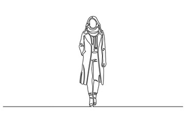 Continuous one line drawing of Young woman in winter clothes. Single line drawing illustration of Woman Fashion portrait. Winter fashion and woman style concept vector art. Doodle line illustration.
