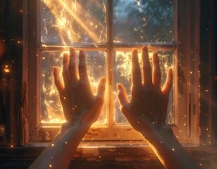 Two hands reaching towards a sunlit window. The warm light creates a magical and ethereal glow around the frame and hands