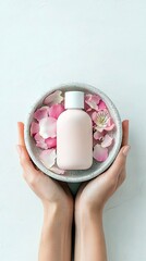 A light pink cosmetic bottle rests in a bowl filled with delicate pink rose petals, held by two hands.