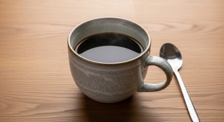 Hot black coffee mug on wooden table with spoon.