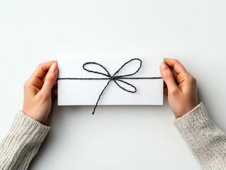 A pair of hands holding a white envelope or card tied with a black string in a bow against a white background.