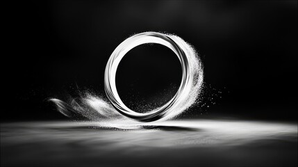 A metallic ring is shown in motion, with white powder creating a dynamic effect around it on a dark background.