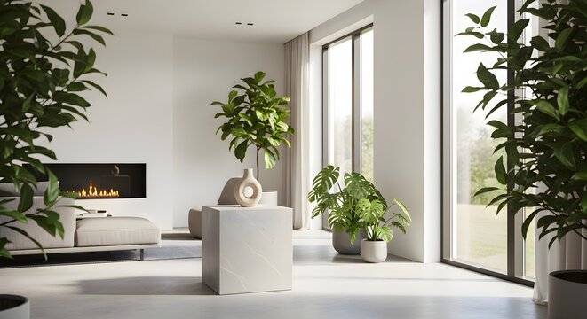 Minimalist interior design with plants and white walls creates a serene and bright space for peaceful home apartment studio loft decor design architectural project