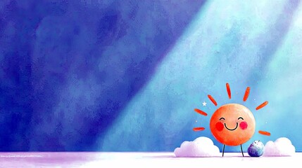 A cheerful cartoon sun with a smiling face stands between two fluffy clouds, accompanied by a small blue creature, under a bright sky.