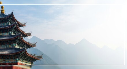 Majestic Chinese Pagoda Towering Over Misty Mountain Landscape in Asia