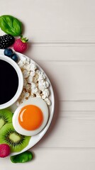 A white plate filled with a healthy breakfast including a boiled egg, cottage cheese, fresh berries, kiwi slices, and a cup of coffee.