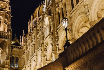 Ornate european architecture illuminated at night