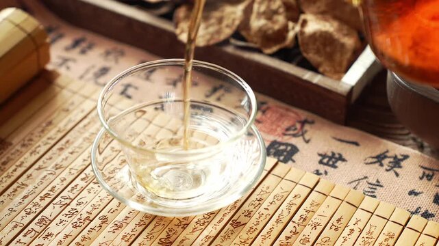 Traditional Chinese Tea Ceremony Glass Cup with Chenpi and Ancient Calligraphy Scrolls