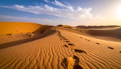 Vast arid landscape under a vibrant blue sky, with sand dunes and a path of footprints leading into the distance as sun shines