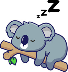 Sleeping koala on a eucalyptus branch.