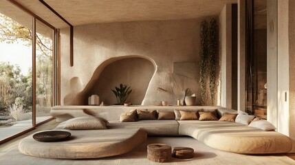 Minimalist organic living room with curved sofa and nature view