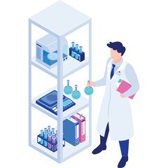 Scientist In White Lab Coat Stands Next To A Shelf Filled With Test Tubes And Equipment In A Laboratory Setting With A Transparent Background