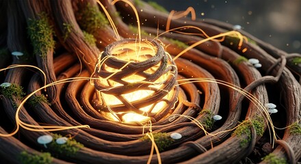 A glowing orb woven with gnarled tree roots surrounded by a spiral of roots moss mushrooms and golden light trails