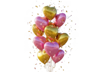 Lustrous heart balloons floating gold pink metallic celebration romantic valentine's day love anniversary event decor transparent background