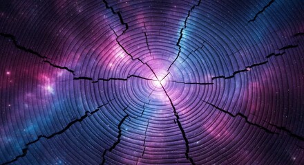 A vivid cosmic galaxy with stars and nebulae within a cracked concentric wooden log crosssection glowing from the center